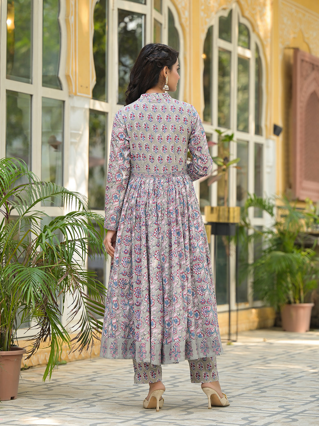 Grey Floral Print Cotton Anarkali Kurta Trouser with Dupatta Set