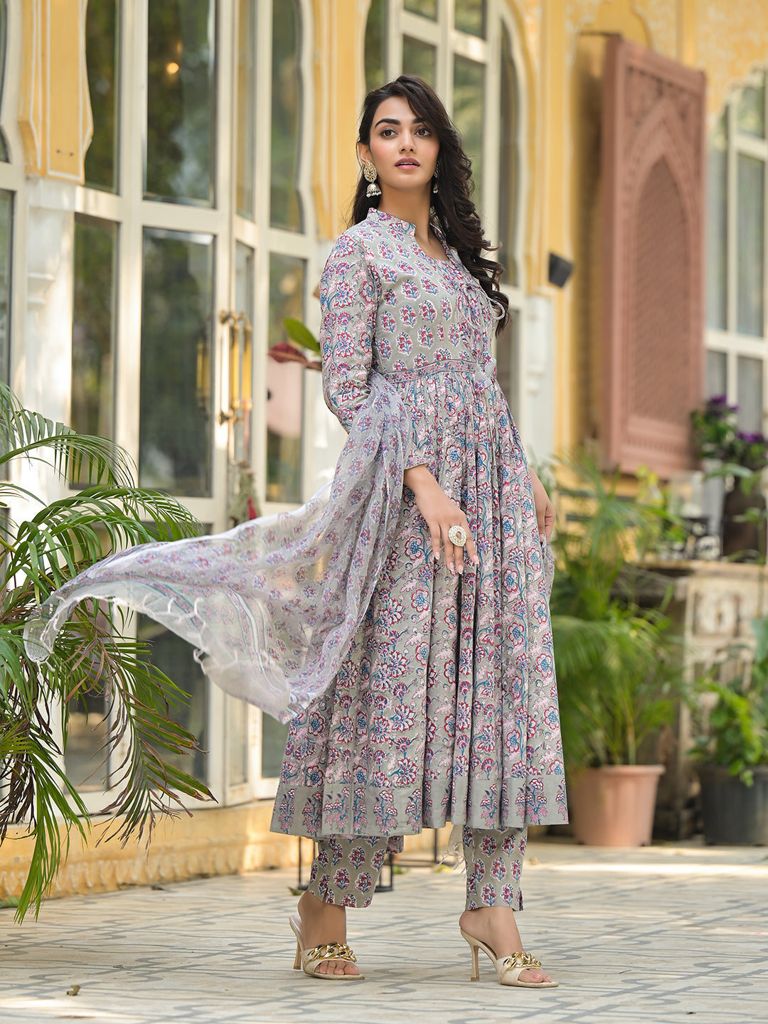 Grey Floral Print Cotton Anarkali Kurta Trouser with Dupatta Set