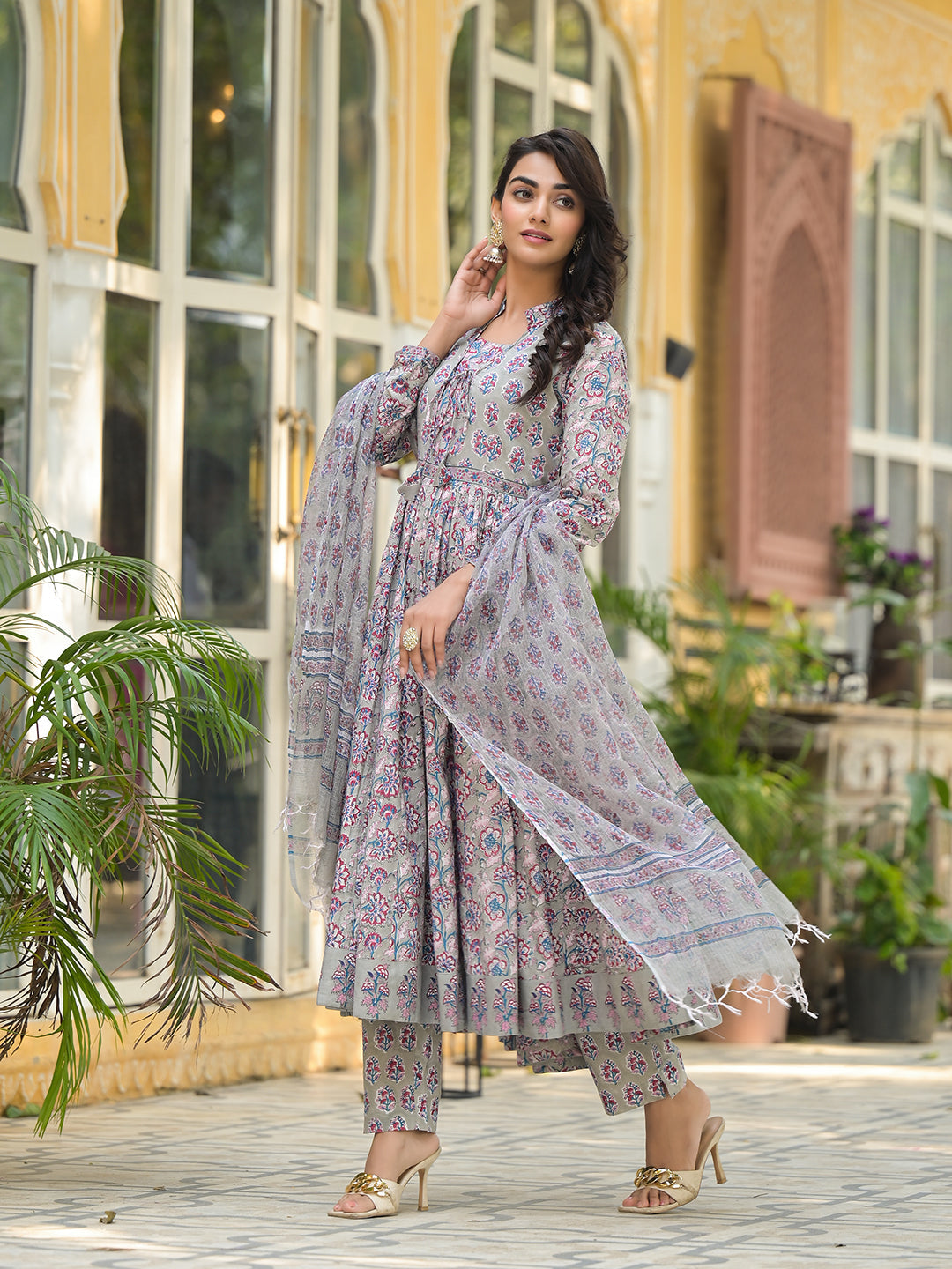 Grey Floral Print Cotton Anarkali Kurta Trouser with Dupatta Set