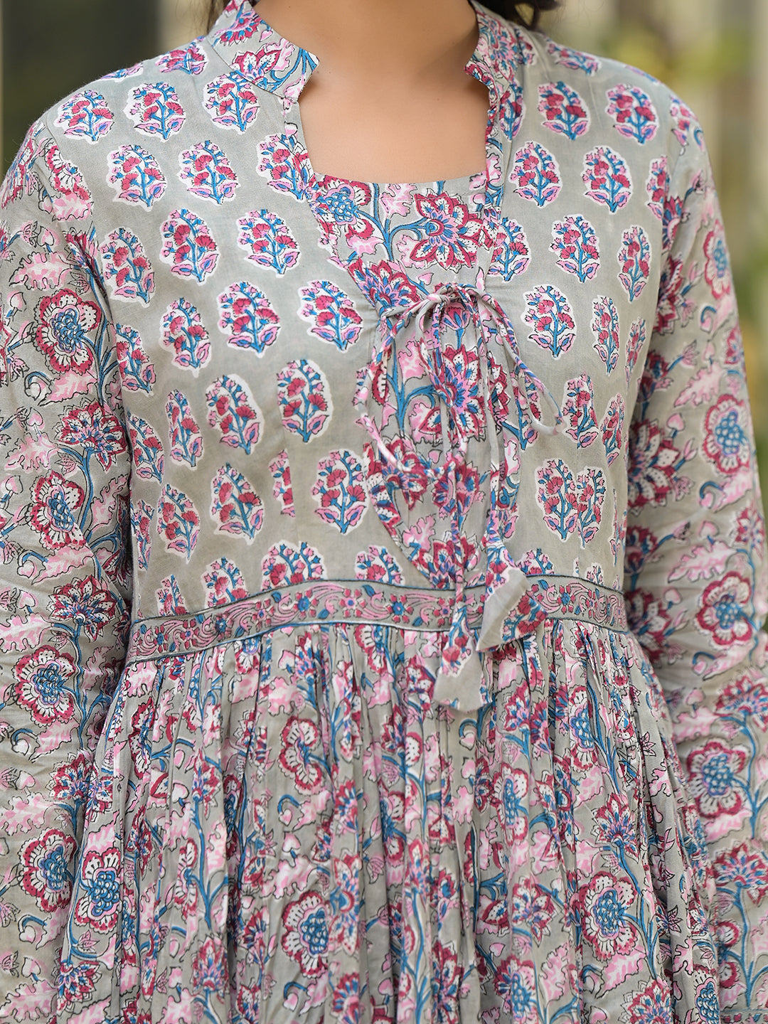 Grey Floral Print Cotton Anarkali Kurta Trouser with Dupatta Set