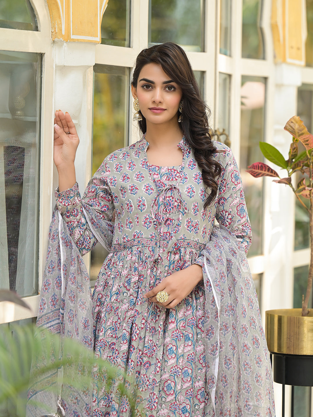Grey Floral Print Cotton Anarkali Kurta Trouser with Dupatta Set