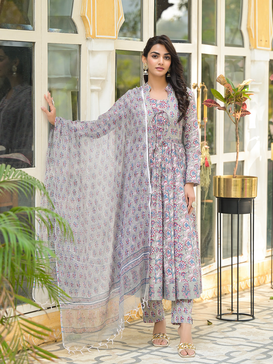 Grey Floral Print Cotton Anarkali Kurta Trouser with Dupatta Set