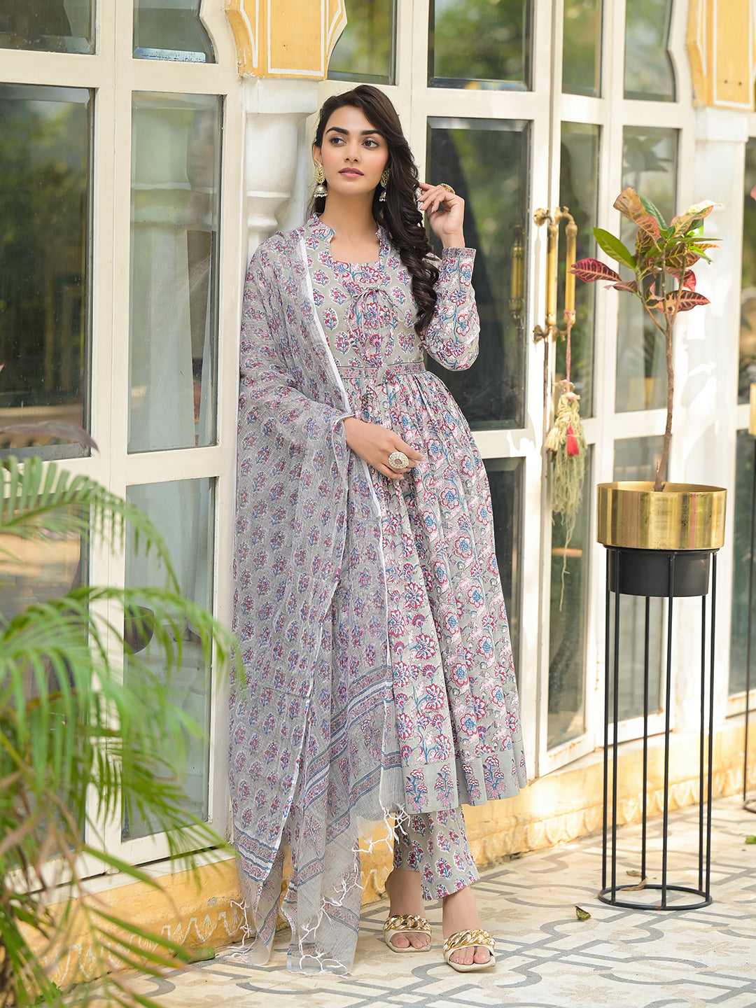 Grey Floral Print Cotton Anarkali Kurta Trouser with Dupatta Set