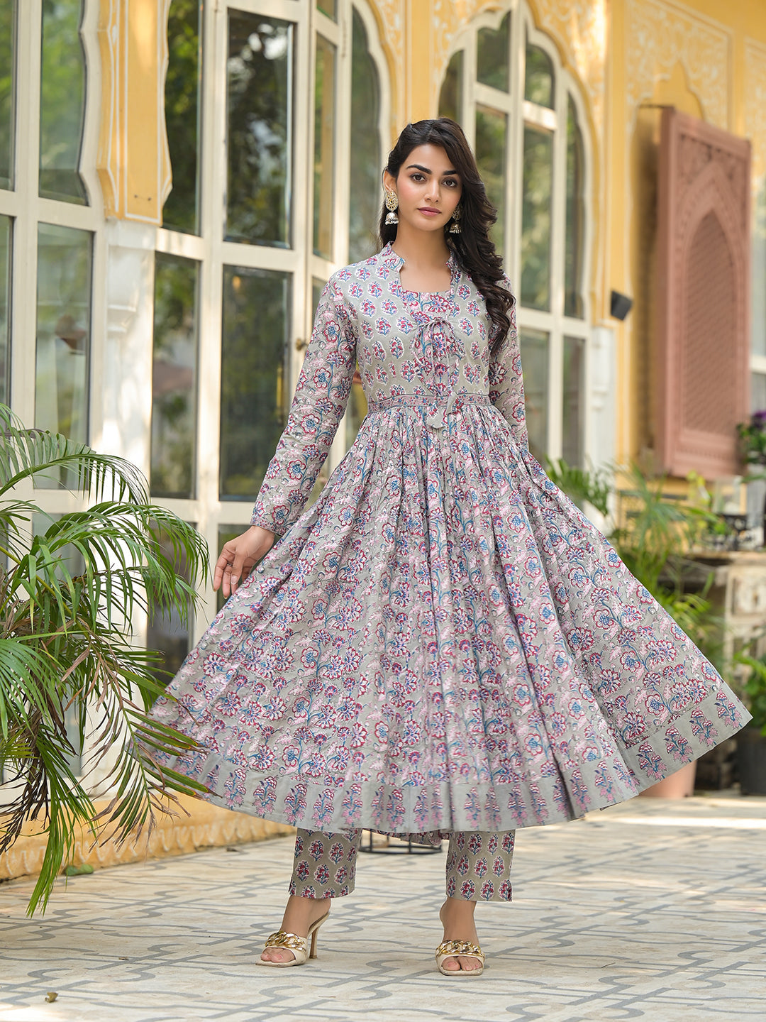 Grey Floral Print Cotton Anarkali Kurta Trouser with Dupatta Set