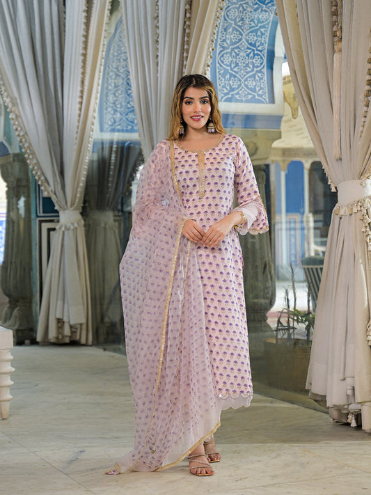 Purple Hand Block Muslin Straight Kurta Pant With Dupatta