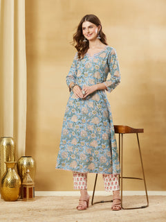 Sky Blue Cotton A-line Kurta Pant Set