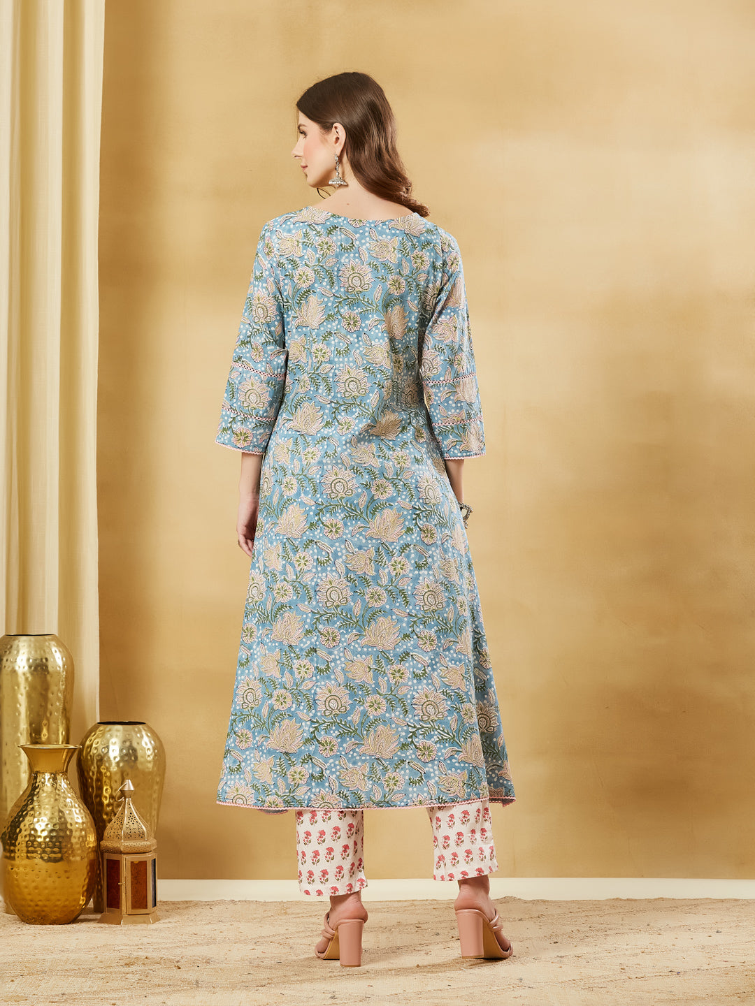 Sky Blue Cotton A-line Kurta Pant Set