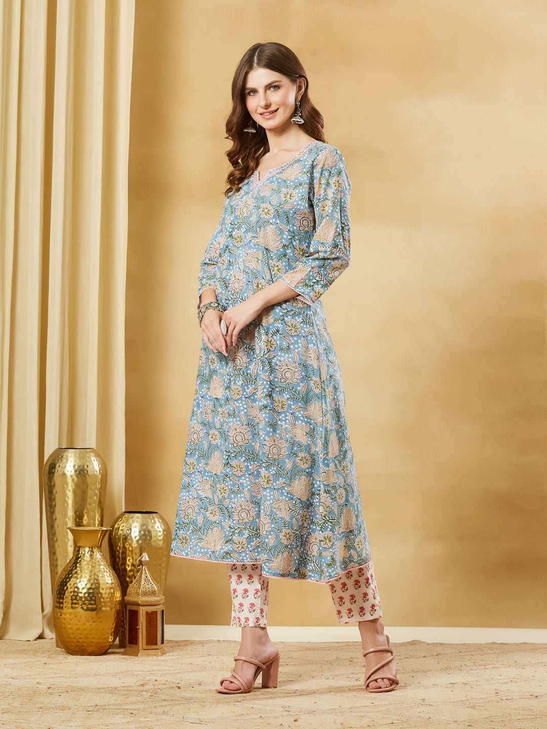 Sky Blue Cotton A-line Kurta Pant Set