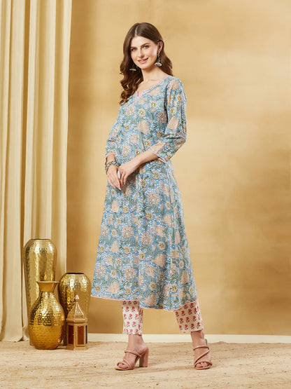 Sky Blue Cotton A-line Kurta Pant Set