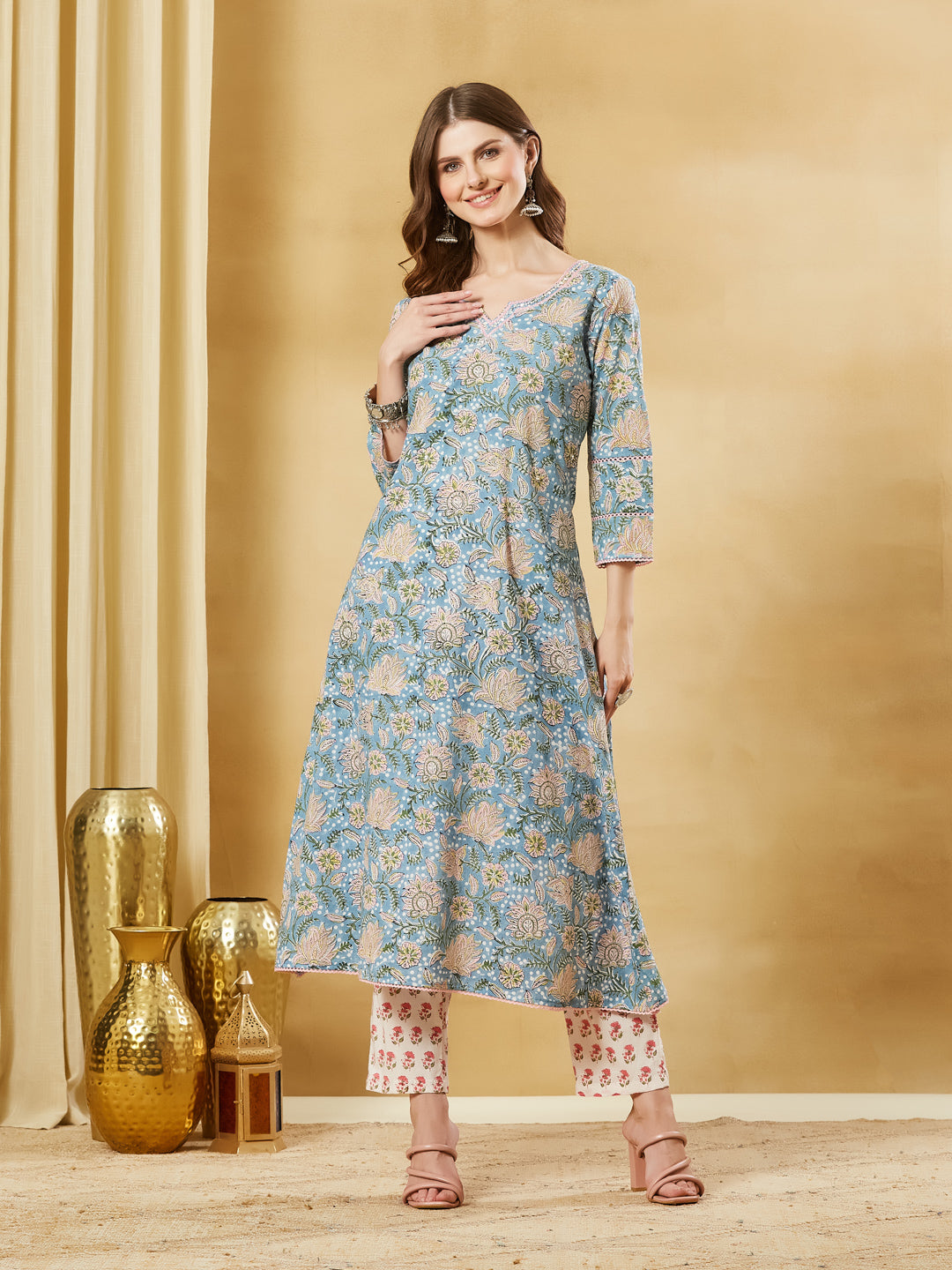 Sky Blue Cotton A-line Kurta Pant Set