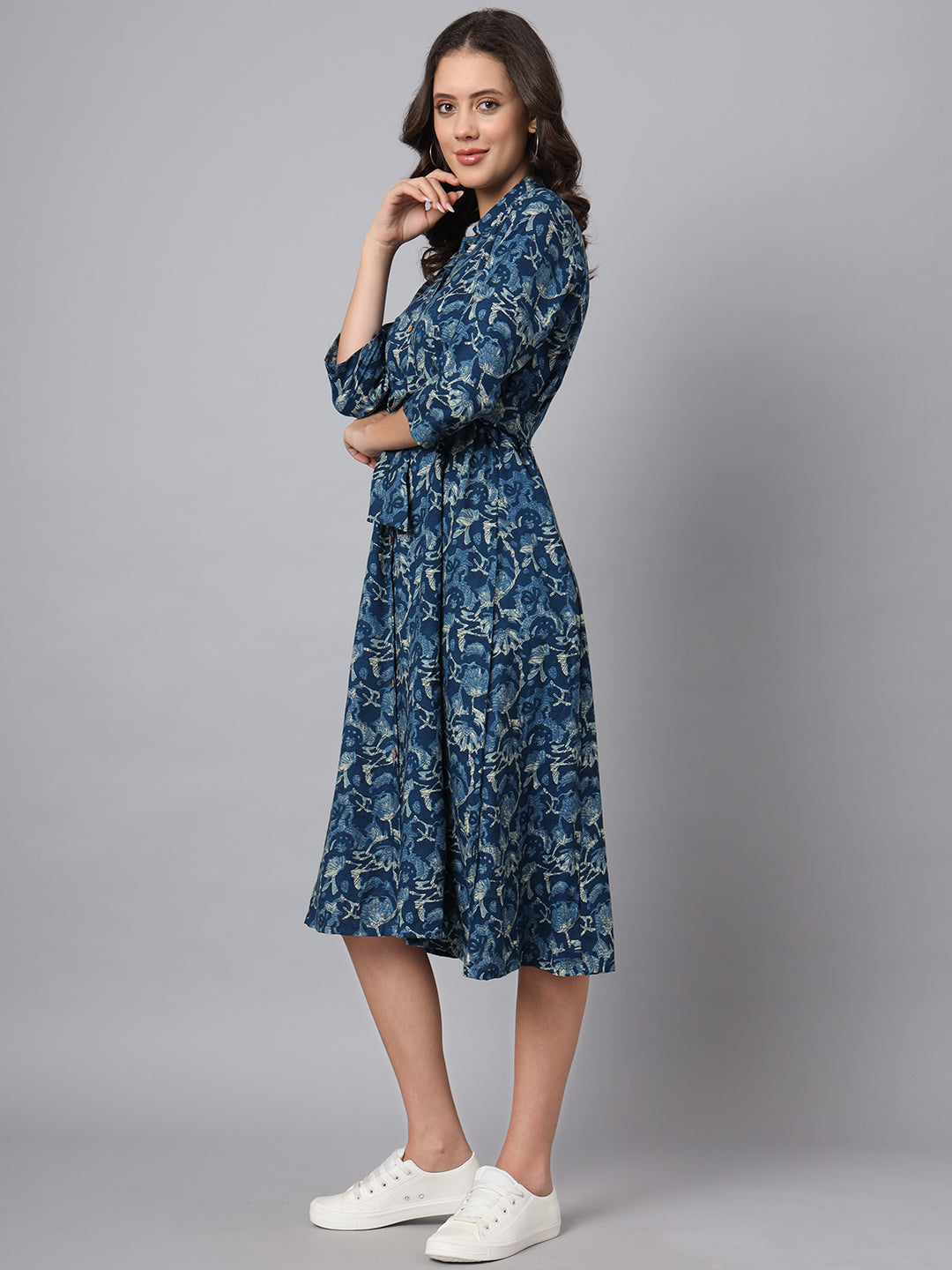 Blue Floral Print Rayon Midi Dress