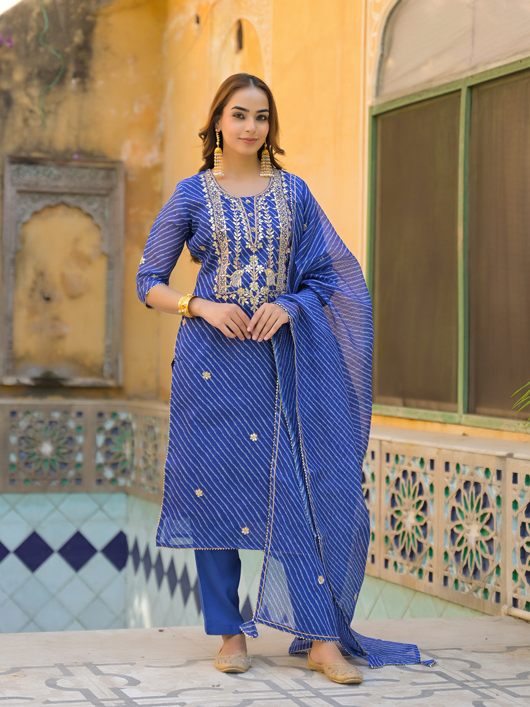 Blue Leheriya Kota Doria Kurta Pant With Dupatta