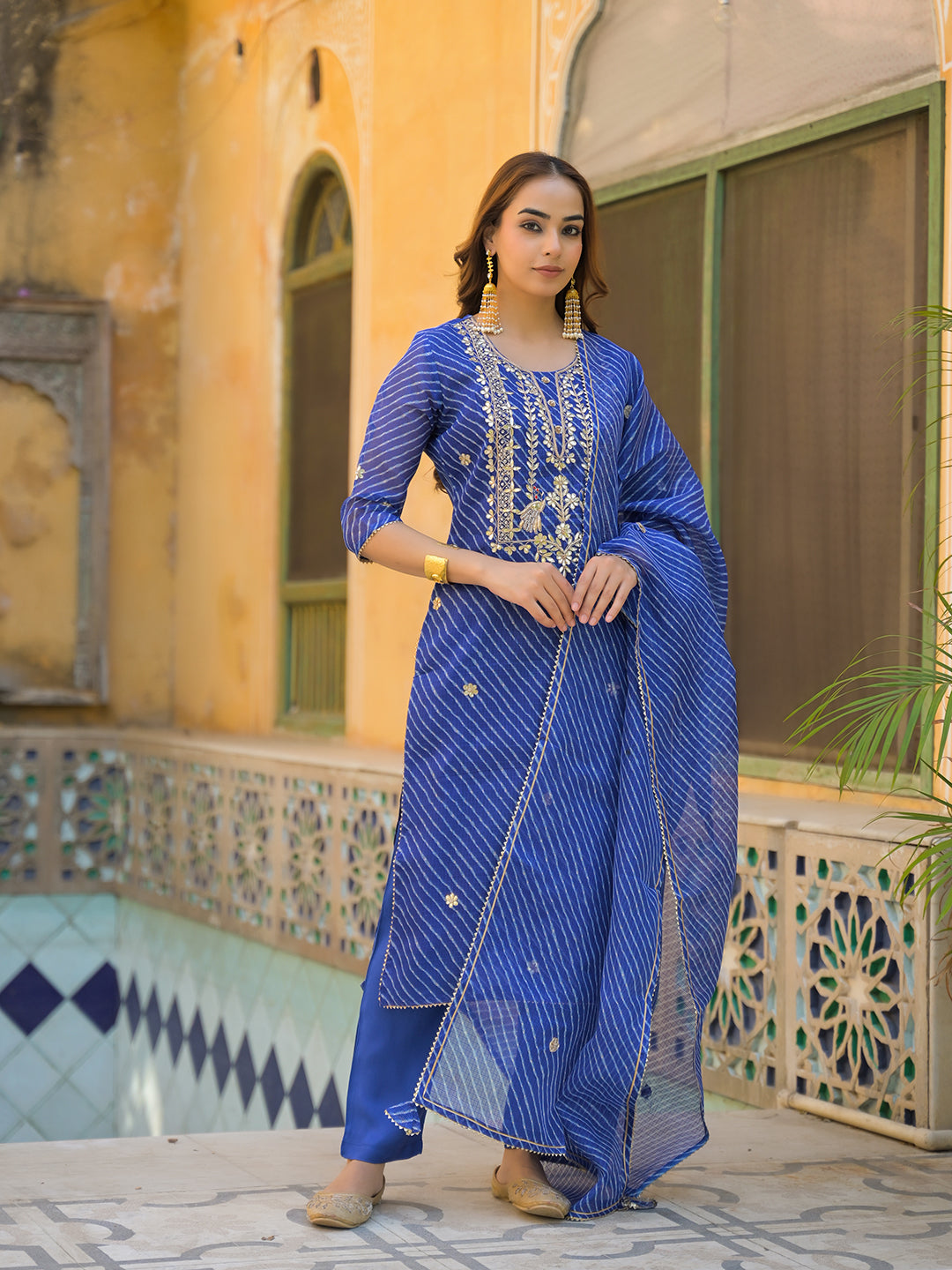 Blue Leheriya Kota Doria Kurta Pant With Dupatta