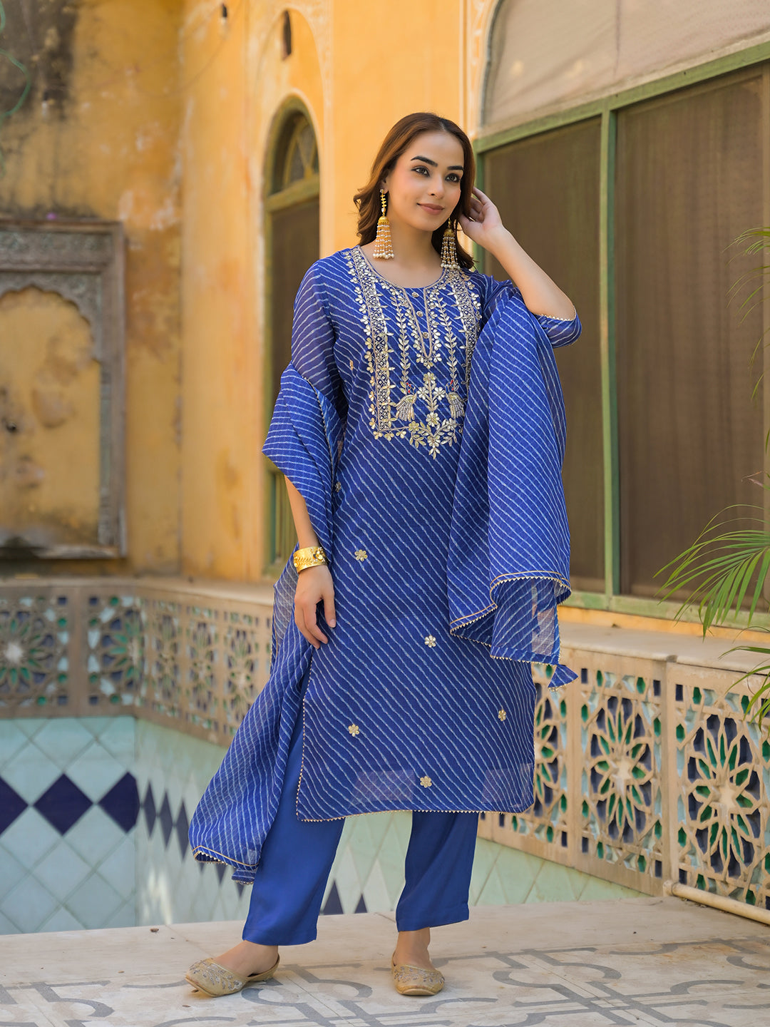 Blue Leheriya Kota Doria Kurta Pant With Dupatta