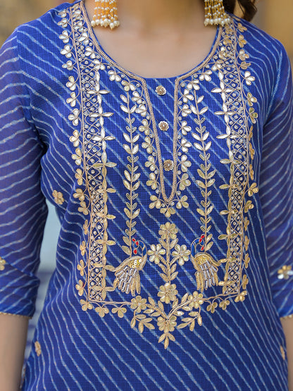 Blue Leheriya Kota Doria Kurta Pant With Dupatta
