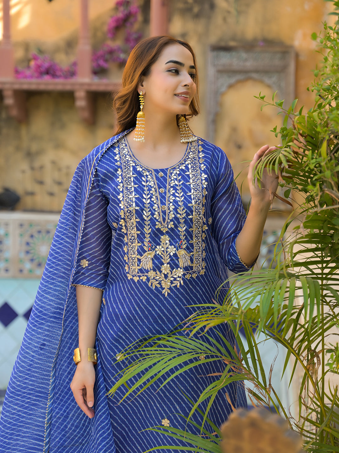 Blue Leheriya Kota Doria Kurta Pant With Dupatta