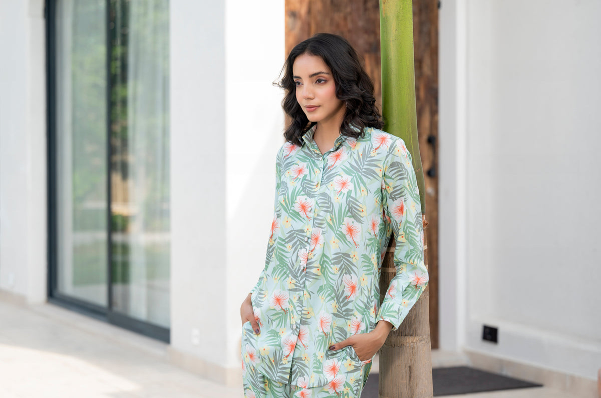 Sky Blue Floral Printed Rayon Co-ord Set