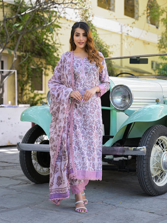 Light Purple Floral Printed kurta Pant with Dupatta
