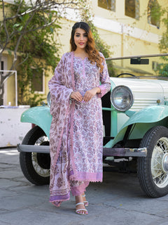 Light Purple Floral Printed kurta Pant with Dupatta