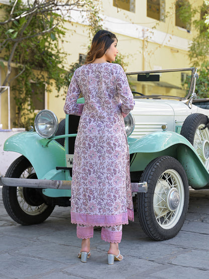 Light Purple Floral Printed kurta Pant with Dupatta