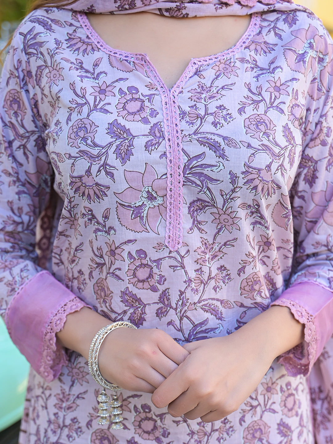 Light Purple Floral Printed kurta Pant with Dupatta