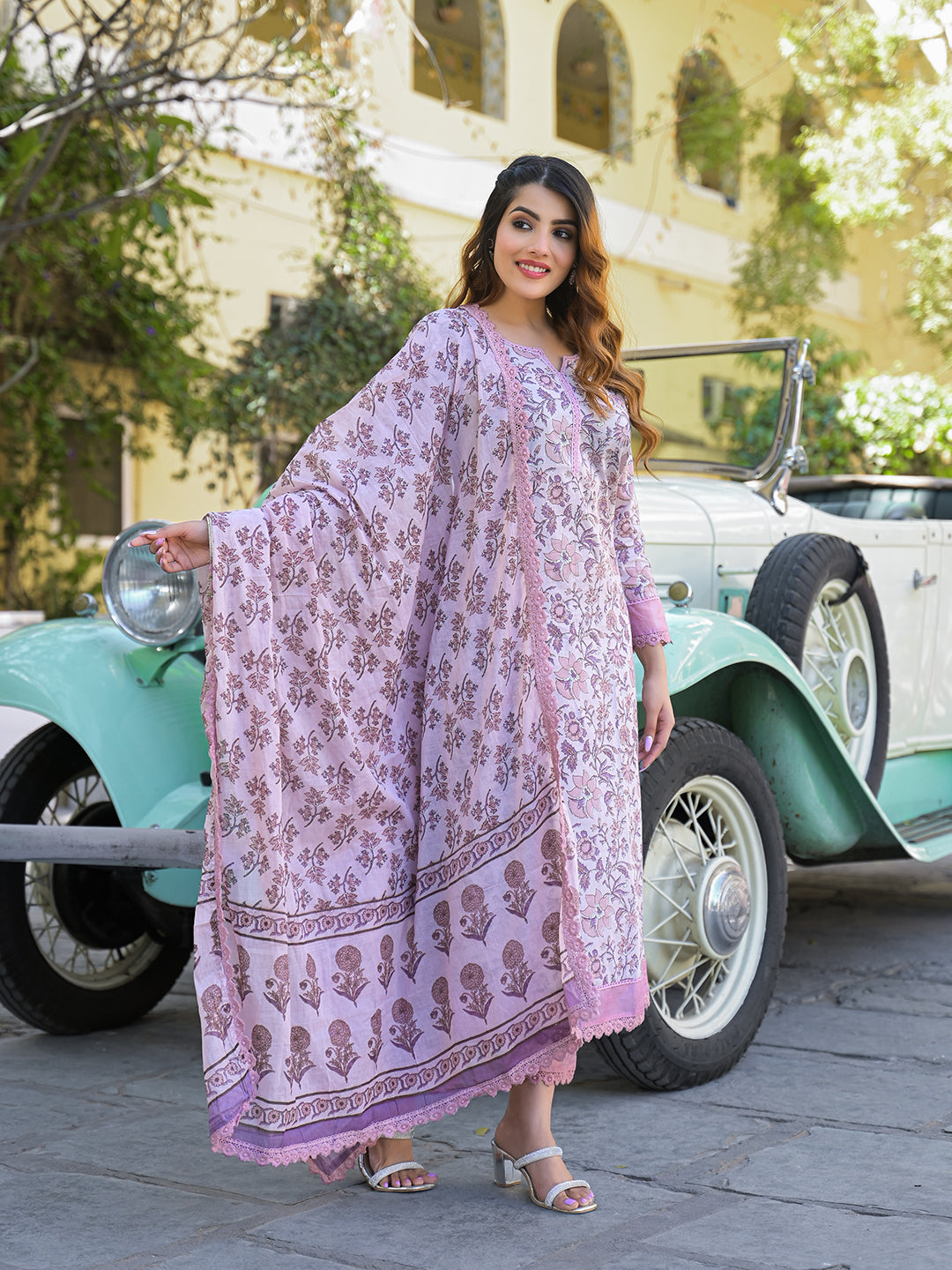 Light Purple Floral Printed kurta Pant with Dupatta