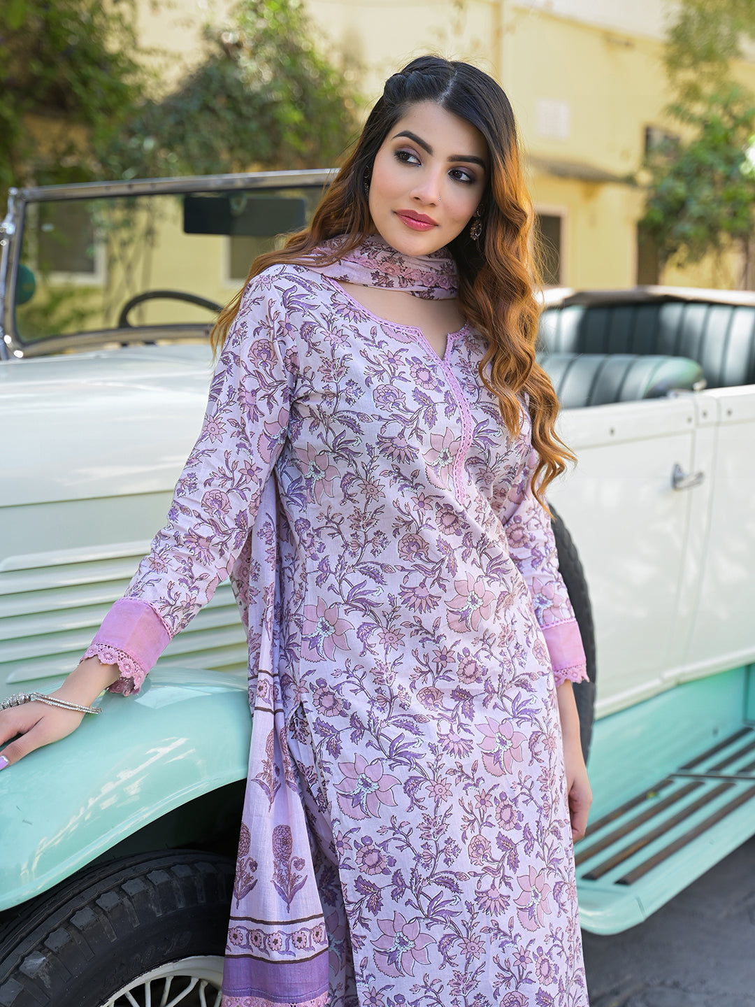 Light Purple Floral Printed kurta Pant with Dupatta