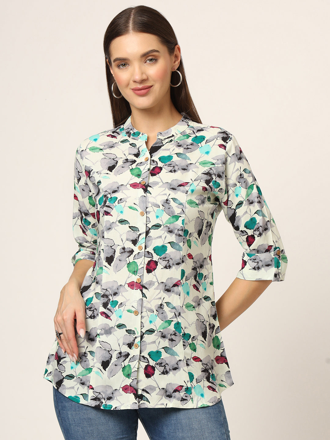 Multicolor Printed Rayon Fabric Shirt Style Top