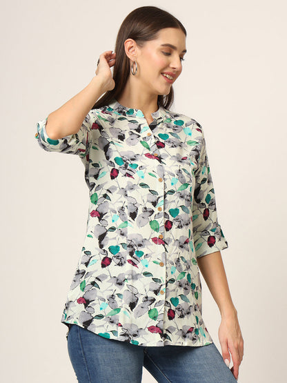 Multicolor Printed Rayon Fabric Shirt Style Top