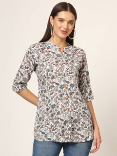 White & Brown Printed Rayon Fabric Shirt Style Top