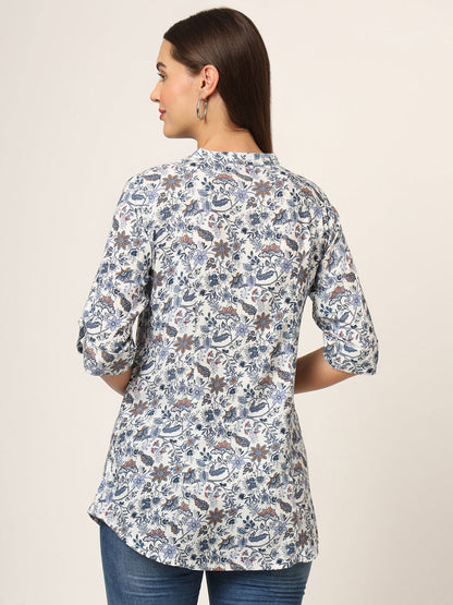 Blue Printed Rayon Fabric Shirt Style Top