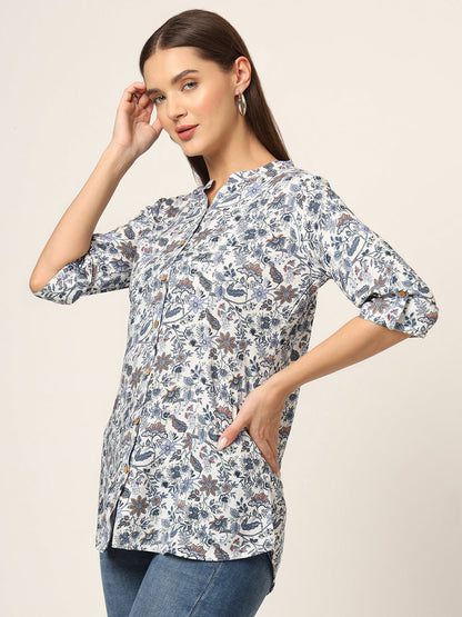 Blue Printed Rayon Fabric Shirt Style Top