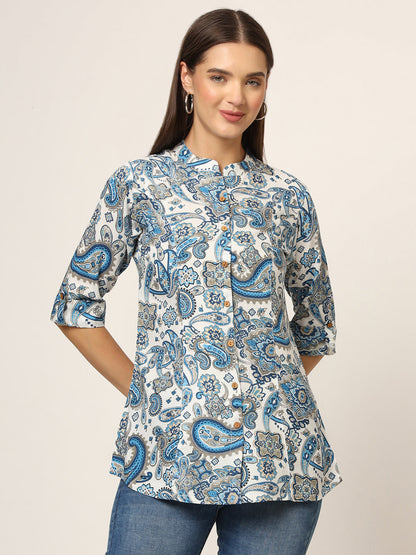 White & Blue Printed Rayon Fabric Shirt Style Top