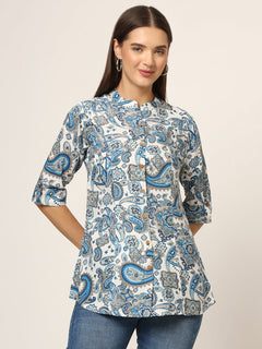 White & Blue Printed Rayon Fabric Shirt Style Top