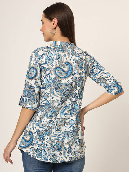 White & Blue Printed Rayon Fabric Shirt Style Top