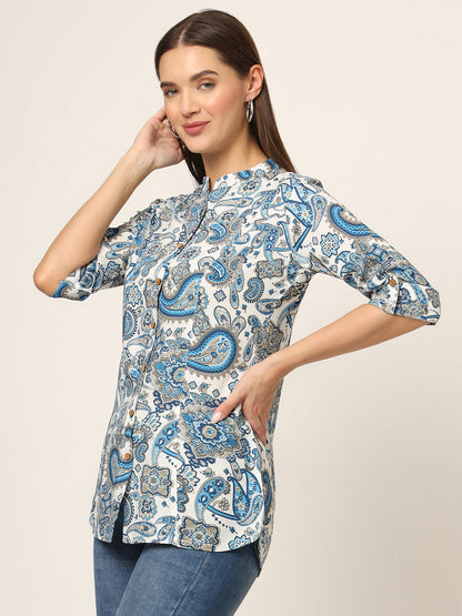 White & Blue Printed Rayon Fabric Shirt Style Top