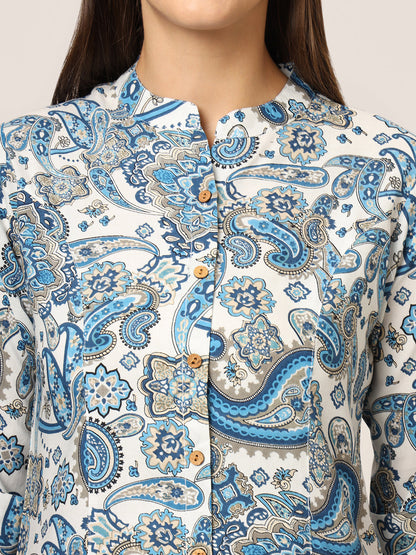White & Blue Printed Rayon Fabric Shirt Style Top