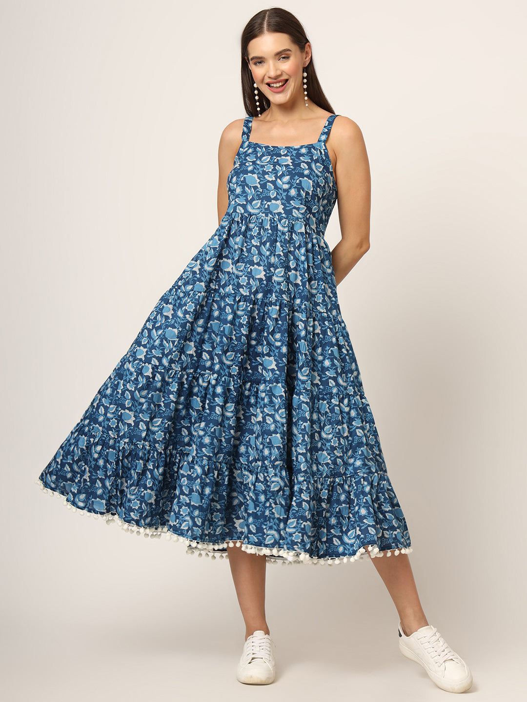 Sky Blue Printed Cotton Fabric Fit & Flare Dress