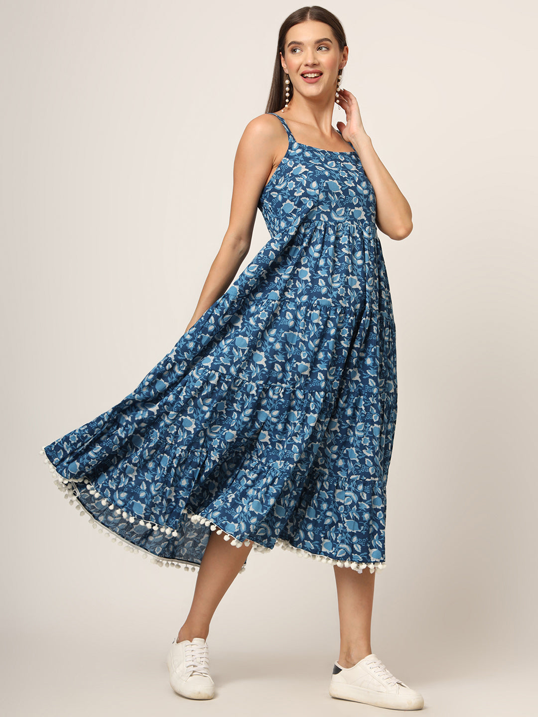 Sky Blue Printed Cotton Fabric Fit & Flare Dress