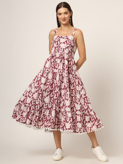 Burgundy Printed Cotton Fabric Fit & Flare Dress