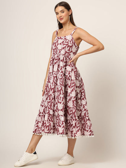 Burgundy Printed Cotton Fabric Fit & Flare Dress