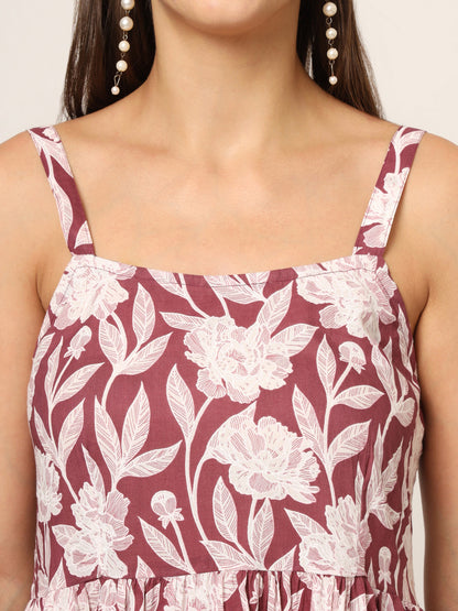 Burgundy Printed Cotton Fabric Fit & Flare Dress