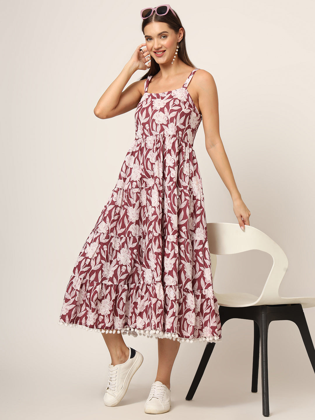 Burgundy Printed Cotton Fabric Fit & Flare Dress