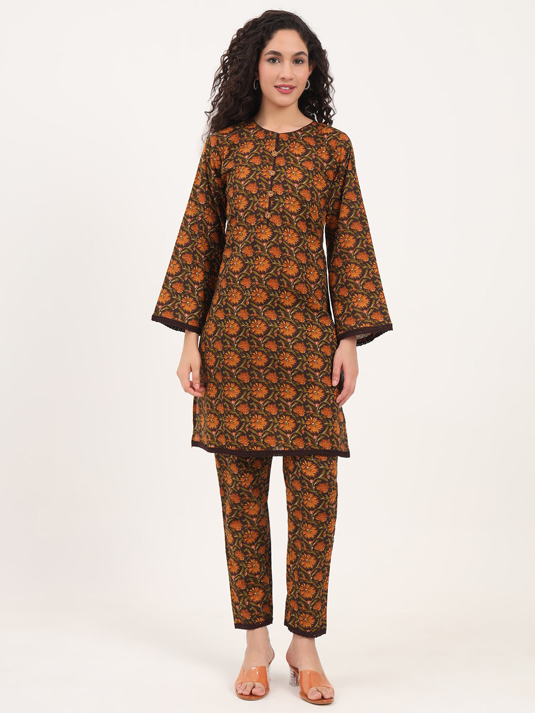 Brown Floral Print Cotton Fabric Straight Kurta with Trouser