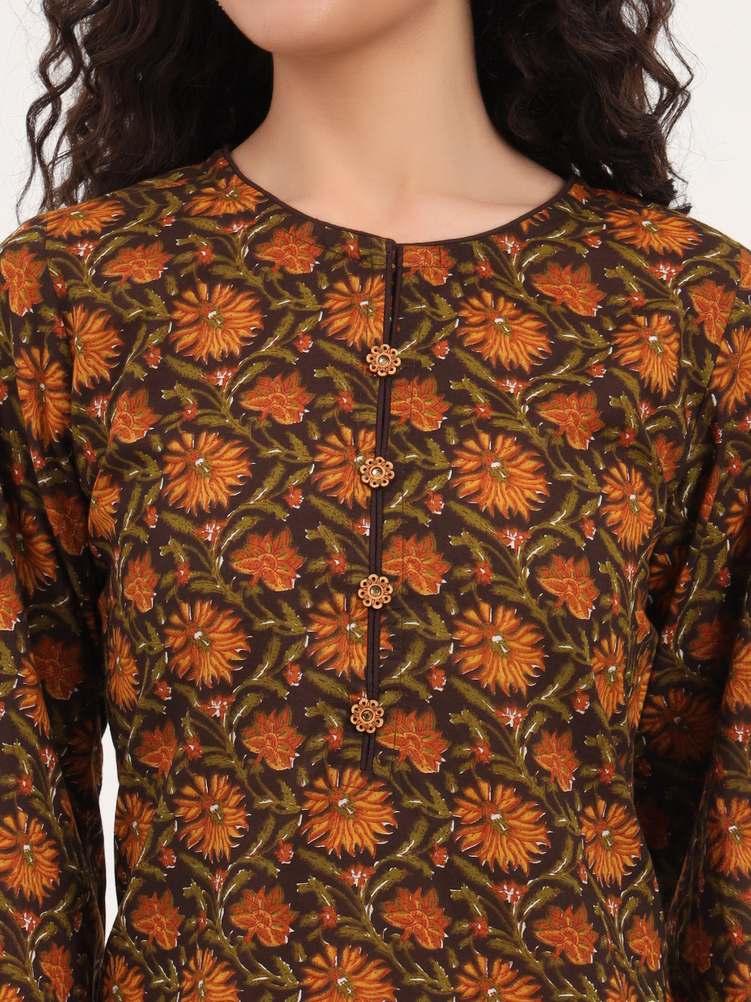 Brown Floral Print Cotton Fabric Straight Kurta with Trouser