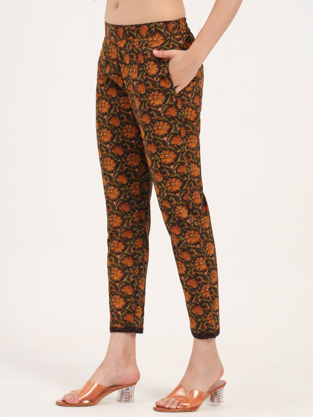 Brown Floral Print Cotton Fabric Straight Kurta with Trouser