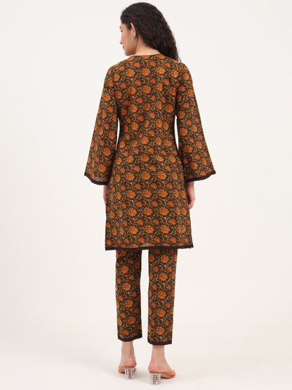 Brown Floral Print Cotton Fabric Straight Kurta with Trouser