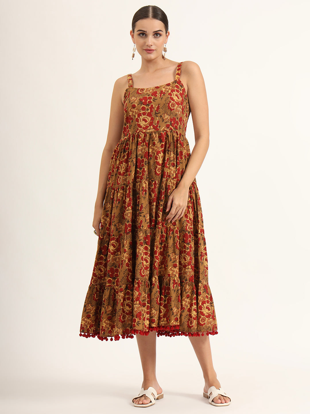 Brown Floral Print Pure Cotton Fit & Flare Dress