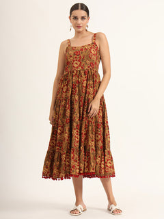 Brown Floral Print Pure Cotton Fit & Flare Dress