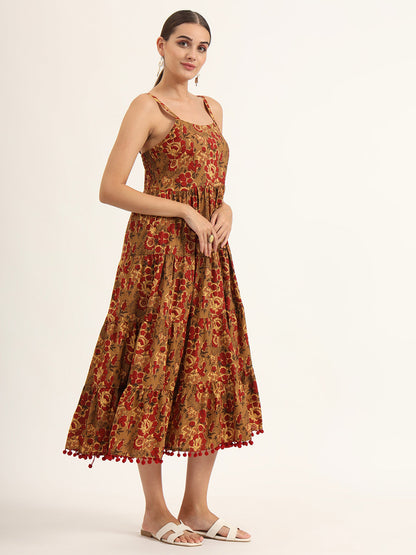 Brown Floral Print Pure Cotton Fit & Flare Dress